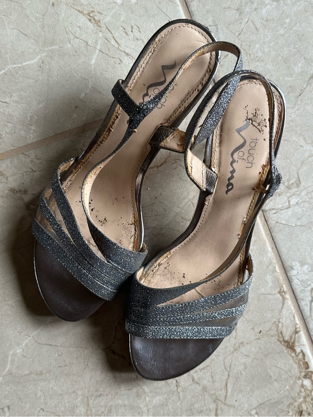 Nina silver sparkling mid heel sandals 8 ankle strap